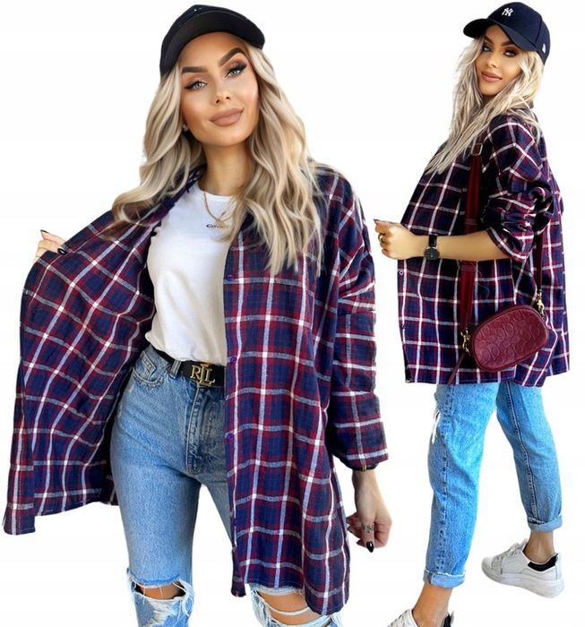 Koszula Damska W Kratę Luźna Zapinana Na Guziki