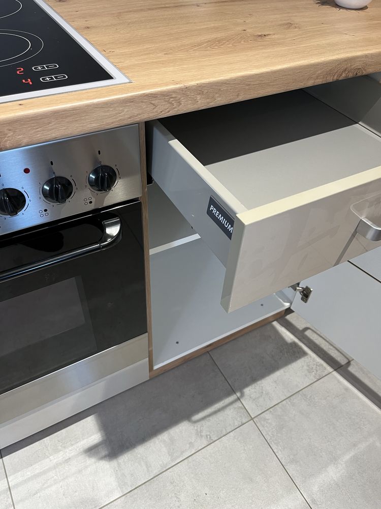 NOWY komplet mebli kuchennych kuchnia biały połysk dąb 310 x 105 rejs