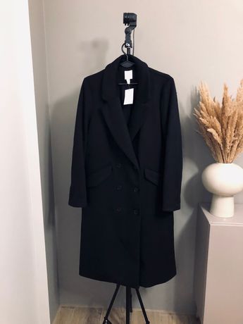 czarny płaszcz dwurzędowy klasyczny dlugi 40 L zimowy H&M