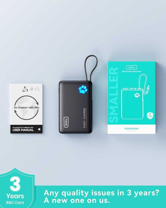 INIU 45W Power Bank, with Built-in USB C Cable, 10000mAh Small