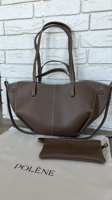 Сумка шопер POLENE Cyme mini коричневая, черная, натуральна шкіра