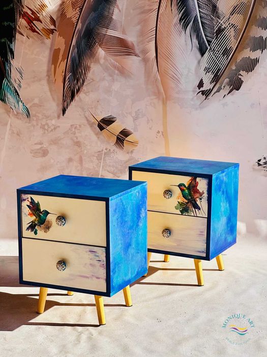 Komplet szafek nocnych, ręcznie malowane, koliber, ceramiczne gałki