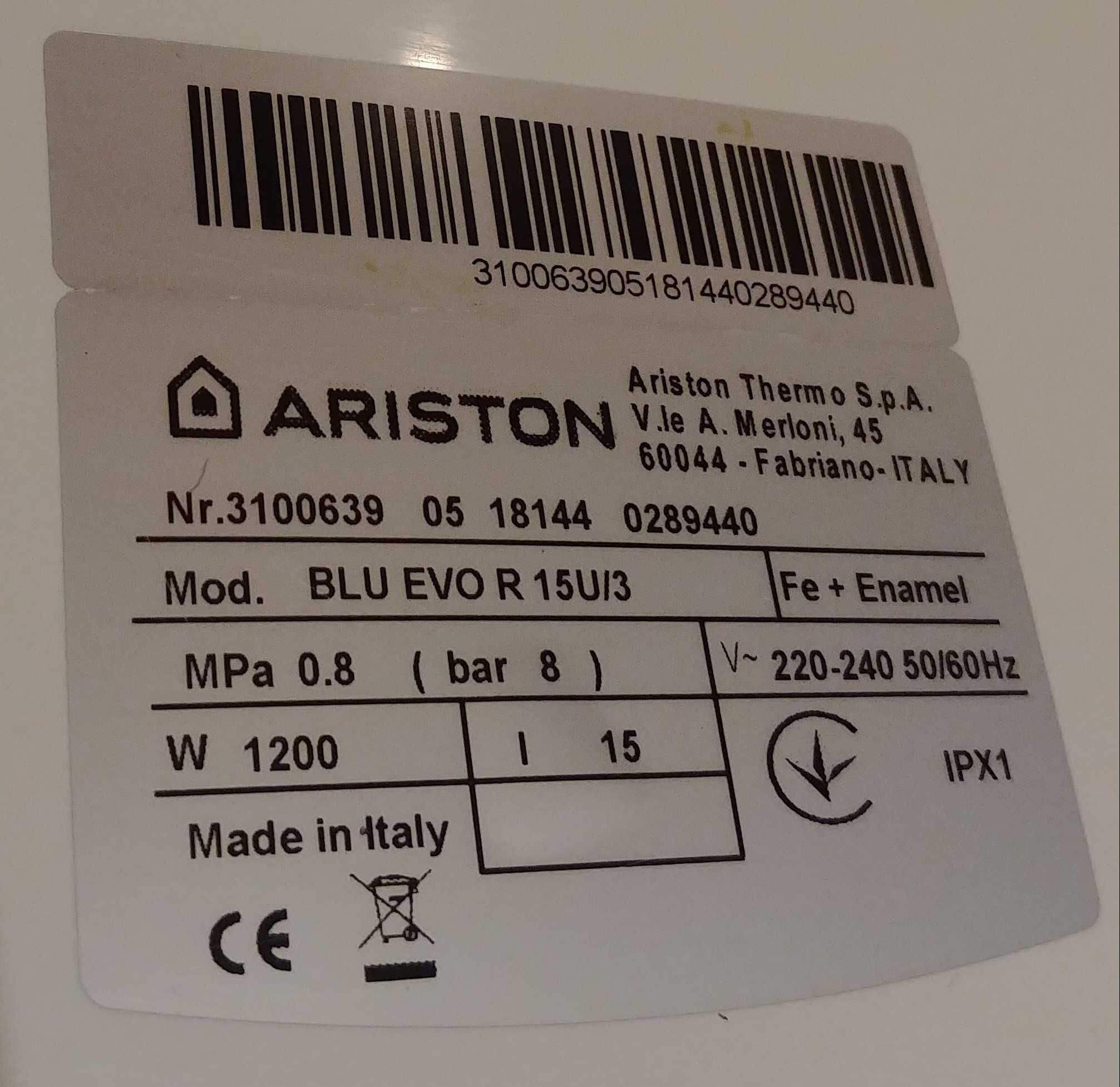 Б/у Бойлер ARISTON BLU EVO R 15 U/3   ( 15 литров , верхняя разводка )