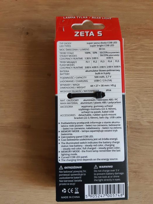 Lampka rowerowa tylna PROX Zeta S 80lm USB NOWA