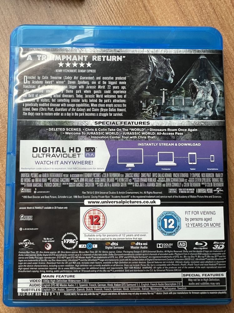 Jurassic World Blu-Ray 3D + Blu-ray