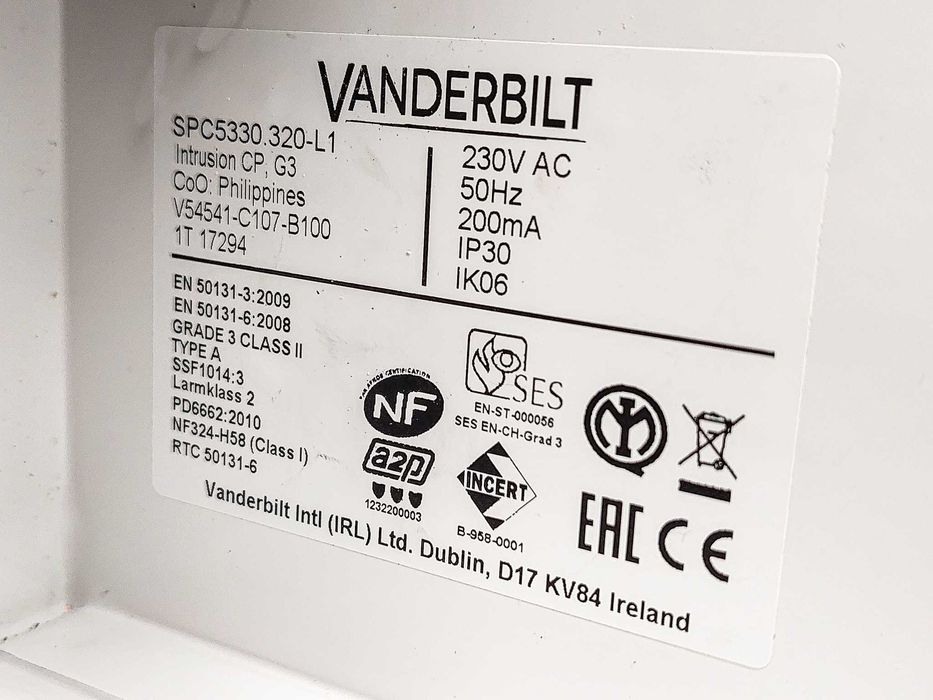 Vanderbilt Sistema de Intrusão Painel de controlo SPC5330.320-L1
