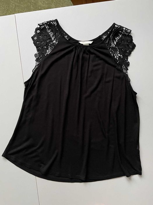 H&M bluzka basic czarna na krótki rękaw koronkowa top czarny