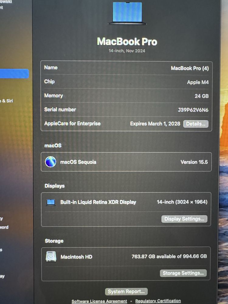 MacBook Pro14", M4,24GB,1TB, AppleCare do 1.03.2028