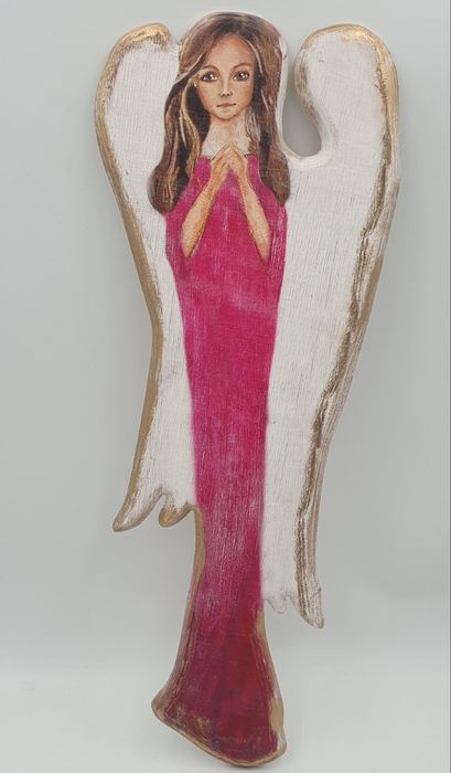 Anioł Drewniany Malowany Różowy 50 Cm