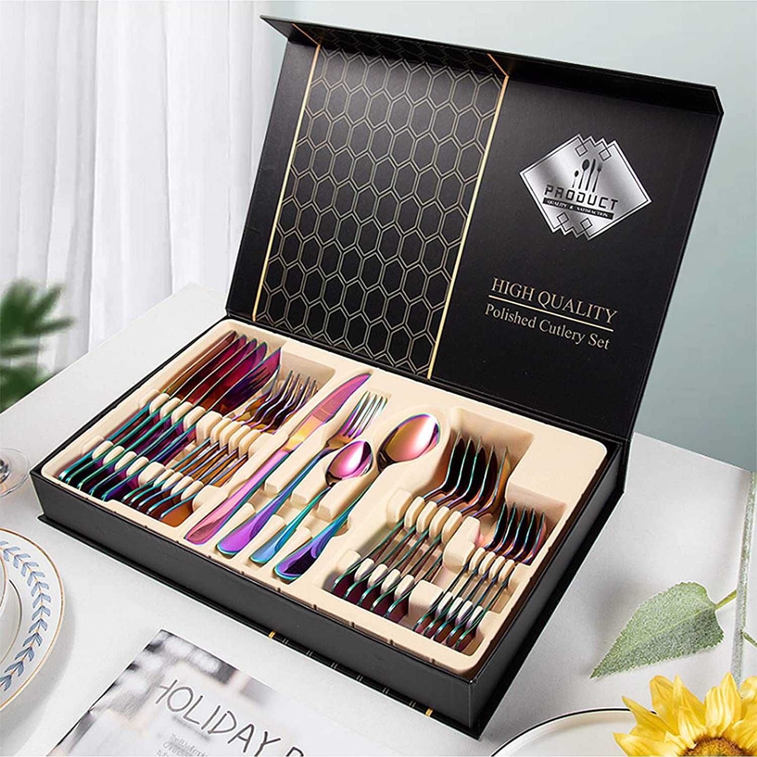 Conjunto de talheres de aço inoxidável, 24 peças, novo