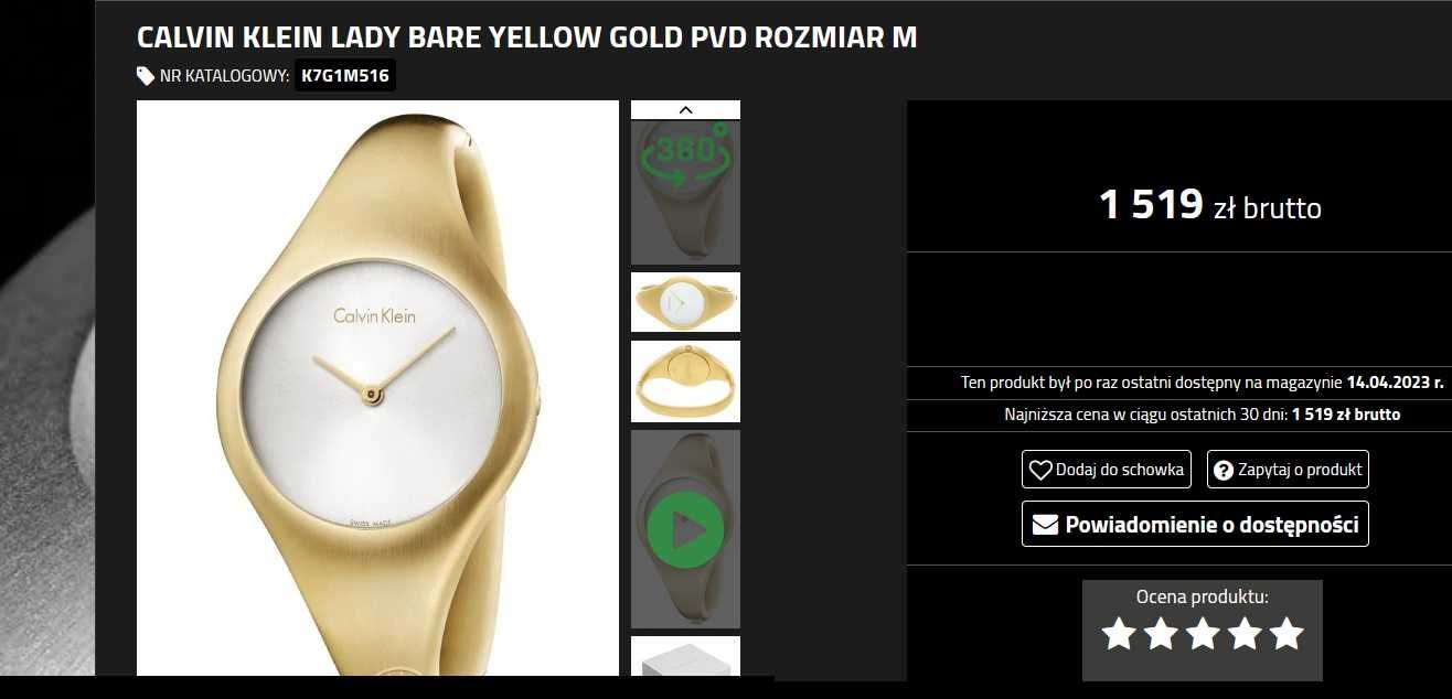 Złoty Zegarek Damski Calvin Klein CK Bare Bransoletka Gold PVD Metka !