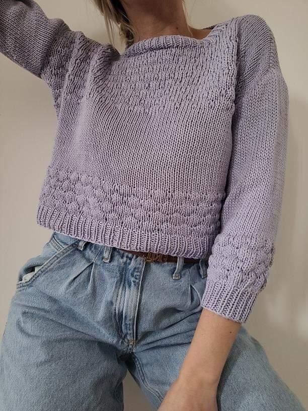 Liliowy sweter oversize crop top boho handmade
