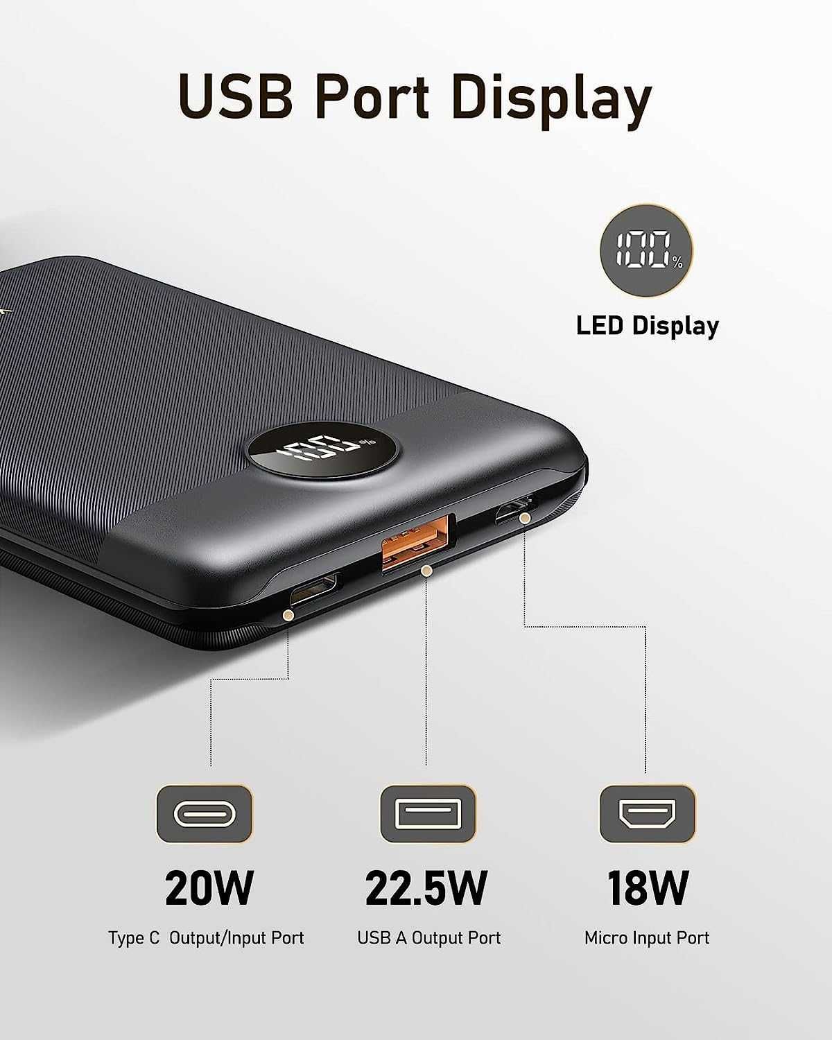 PowerBank 10000mAh powerbank 22,5W PD QC3.0 Szybkie ładowanie USB C