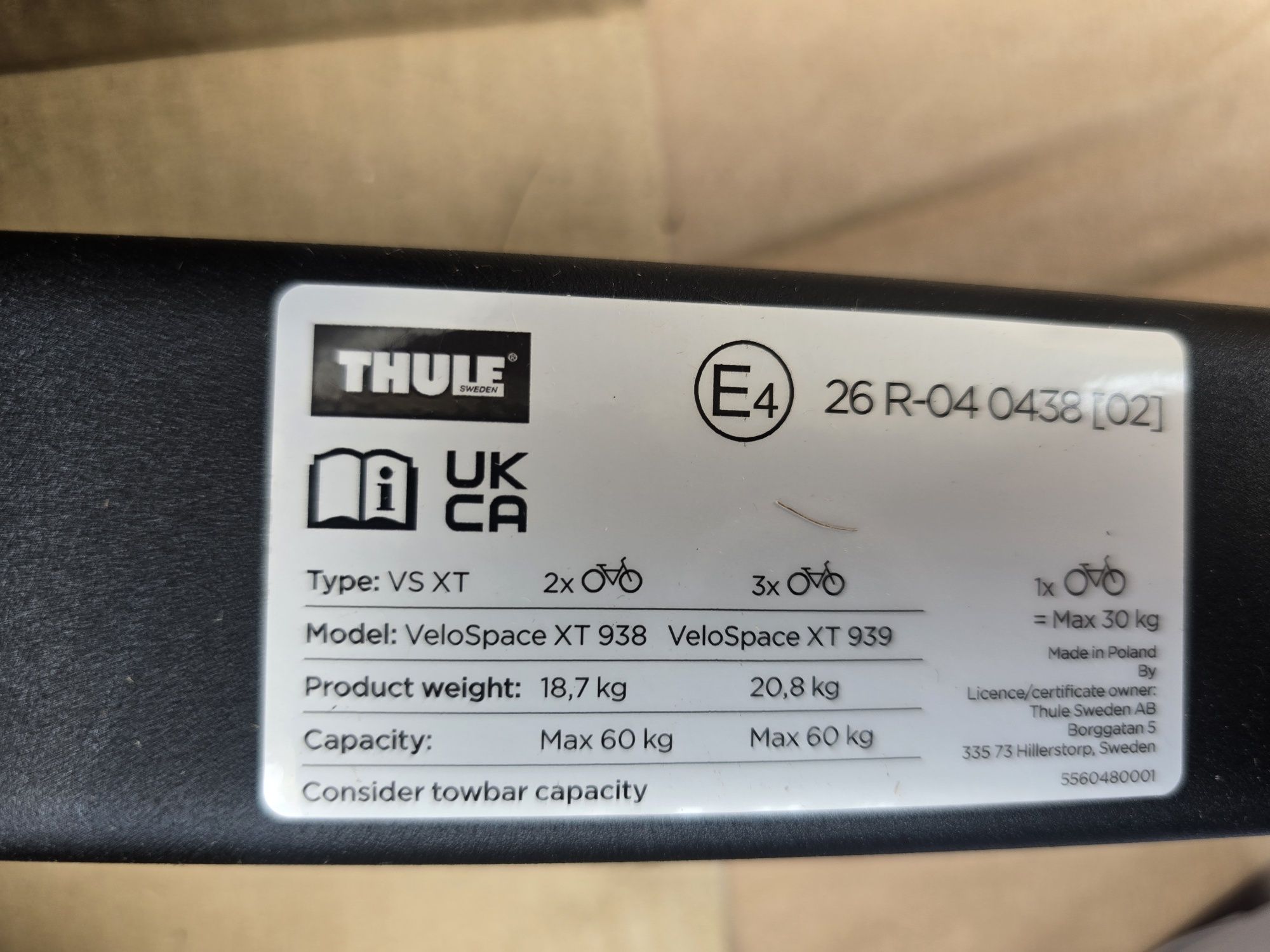 Bagażnik rowerowy na hak THULE Velospace XT2 938 srebrny 2 rowery