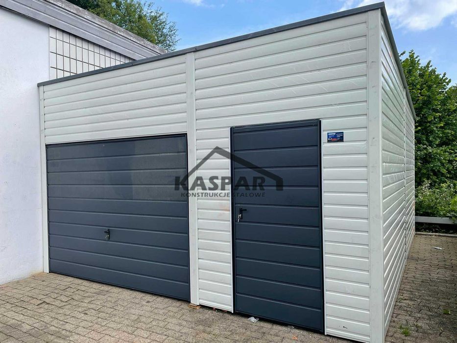 Garaż blaszany 5x6 Brama uchylna + drzwi biały spad w tył  GP120