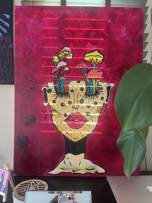 Ręcznie malowany obraz – kobieta z grzybami, 60x80 cm