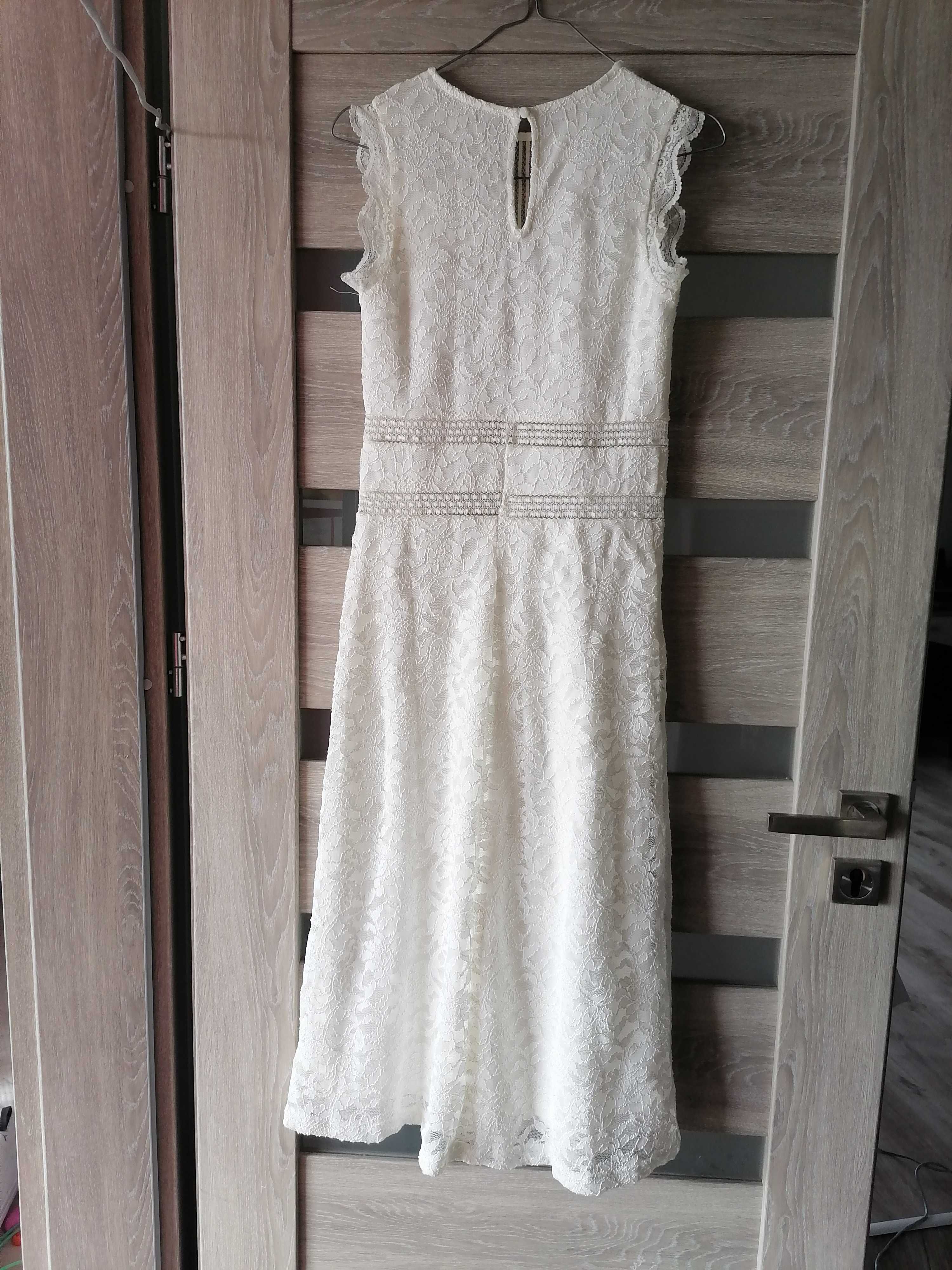 Nowa prosta elegancka sukienka koronkowa ecru 34 midi