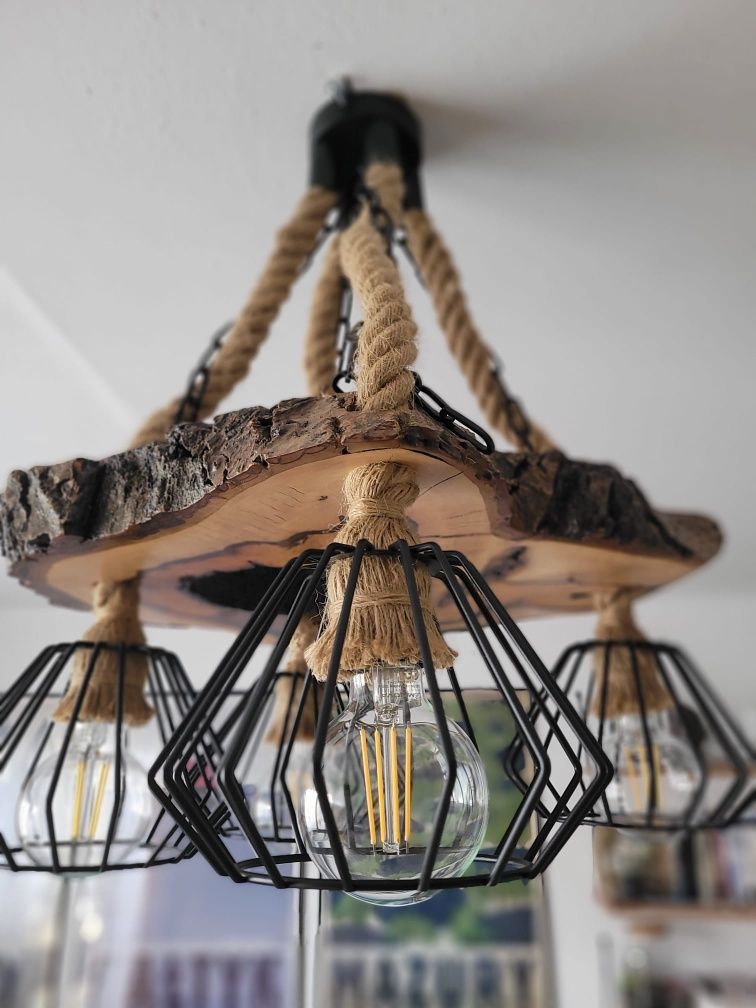 Lampa wisząca z drzewa orzechowego sznur jutowy Loft Handmade