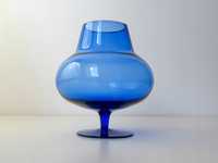 vintage 1970 duży szklany niebieski wazon kielich