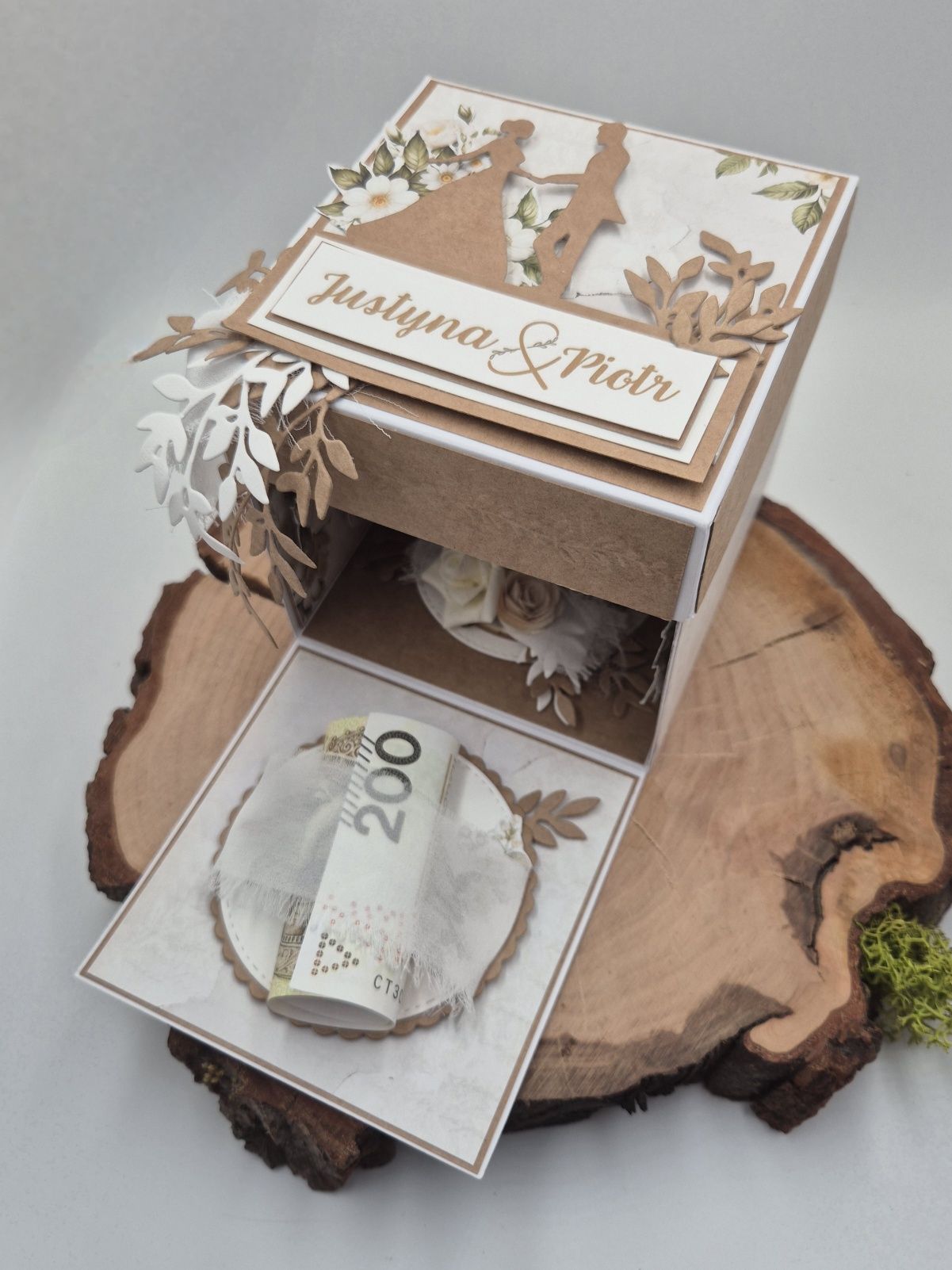 ExplodingBox ŚLUB kartka premium prezent biało brązowy personalizacja