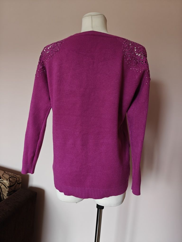 Sweter fuksja fioletowy burgundowy koronkowy kryształki L XL 40 42