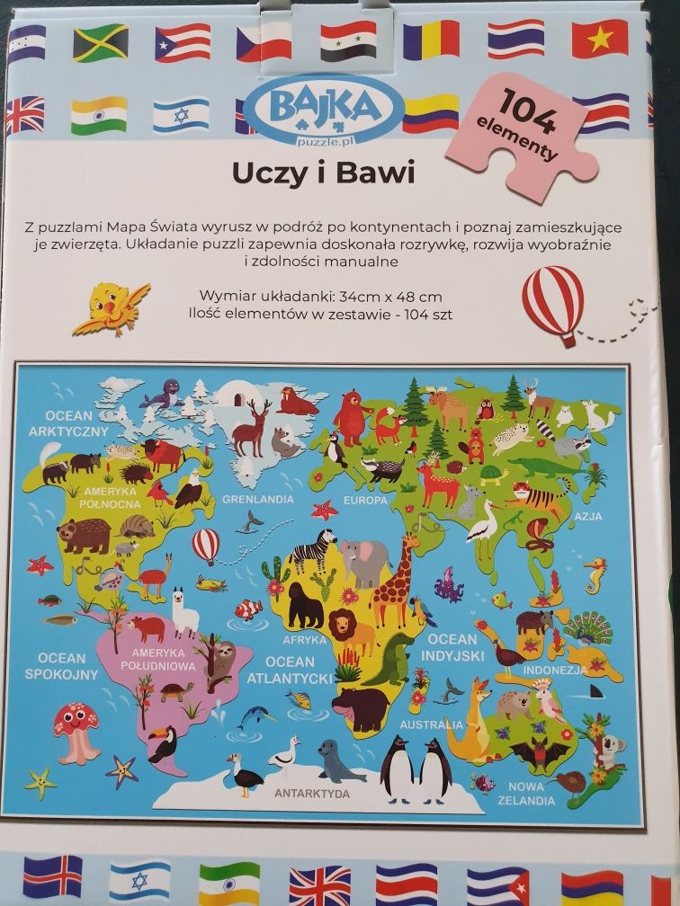 Puzzle Bajka mapa świata i zwierzęta.