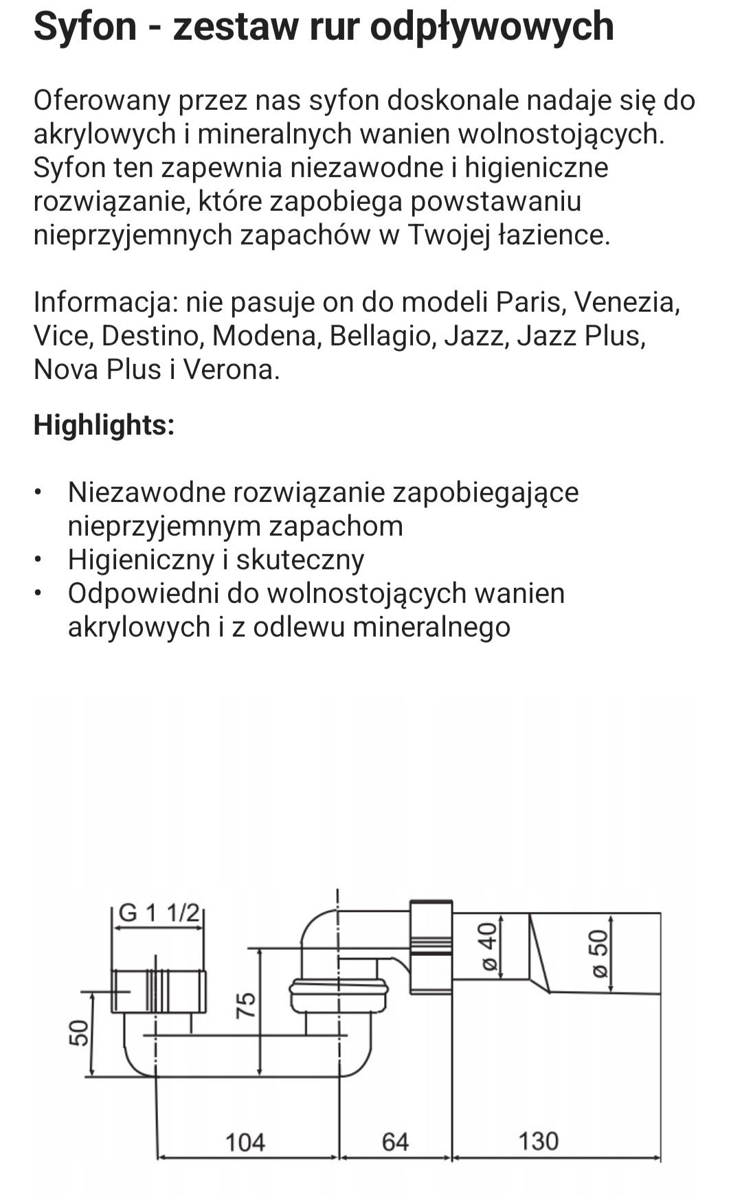 Syfon do wanny wolnostojącej