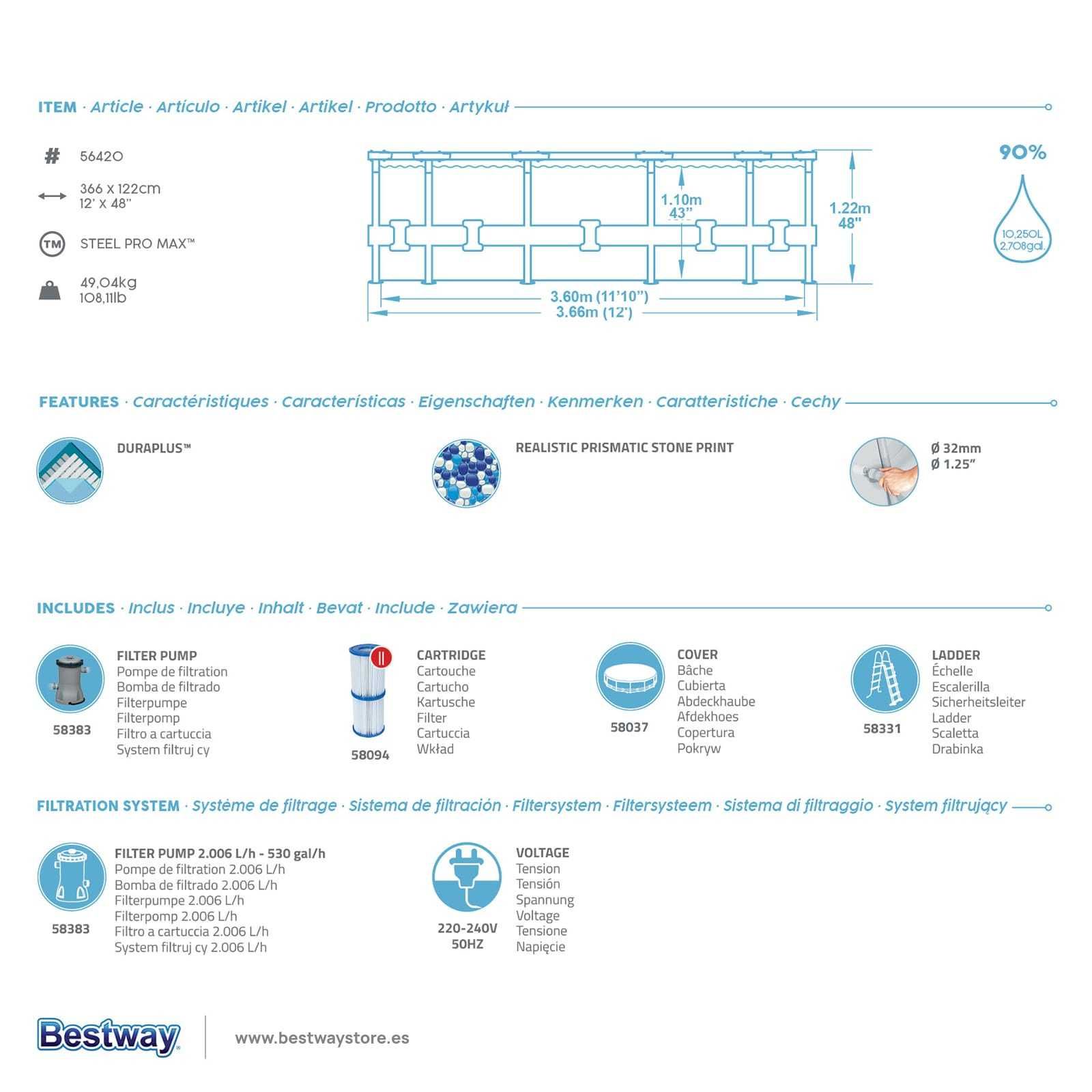Piscina Besteway 3,66 X 1,22 Steel Pro