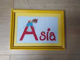Imię haftowane w ramce drewnianej Asia Joanna metryczka