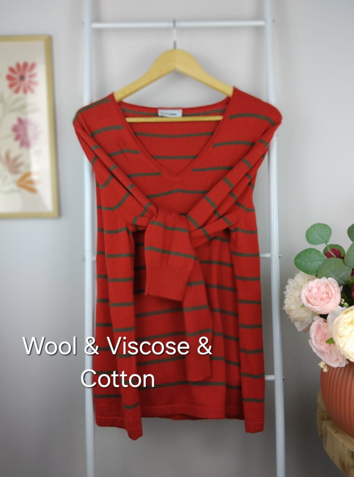 Wełniany sweter w paski wiskozowy sweterek bluza bawełniana dekolt V