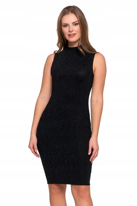 Sukienka Damska Midi Bez Rękawów Koktajlowa  Połysk Dopasowana Moraj S