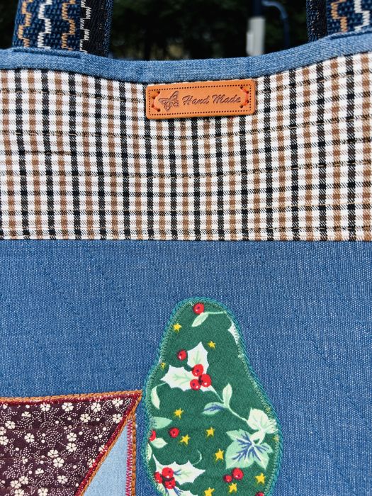 Torba handmade z dżinsu z motywem domków Unikalny shopper