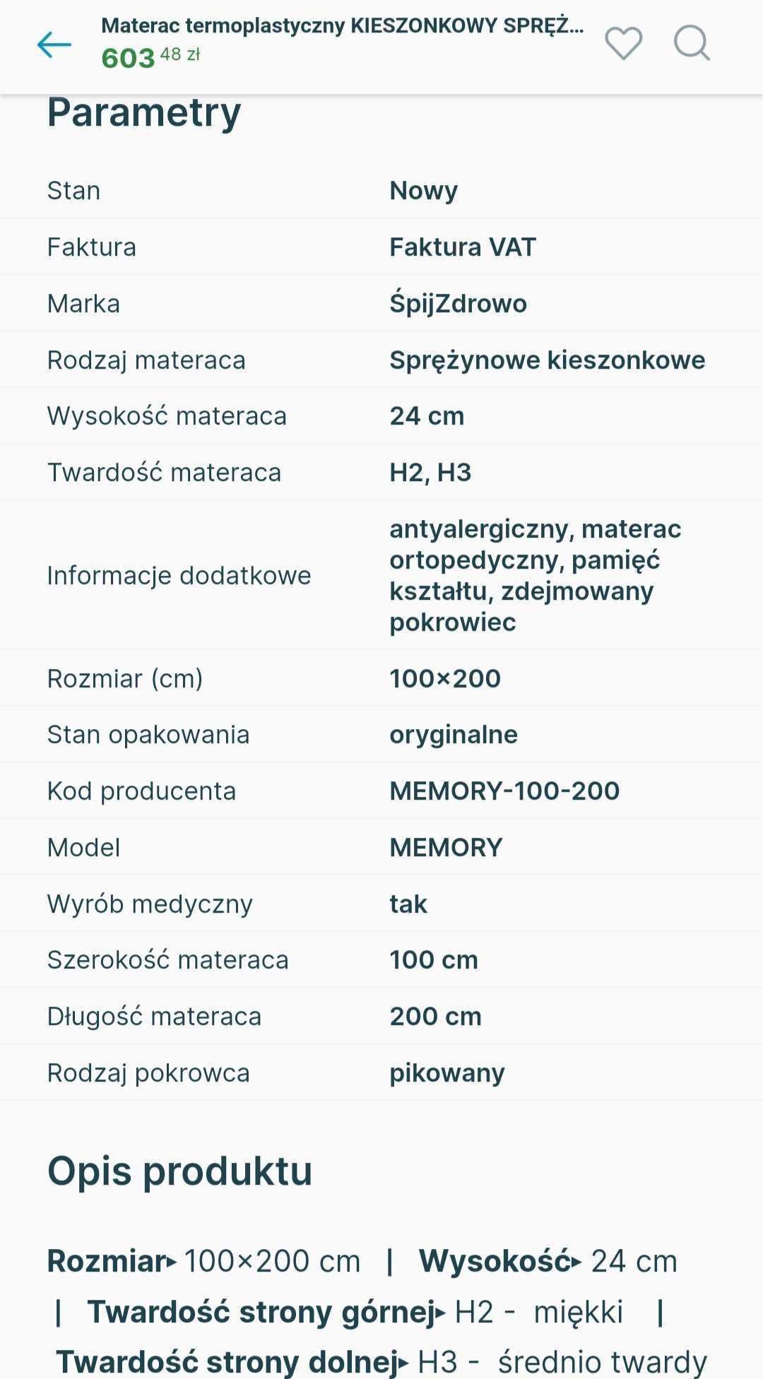NOWY materac 100*200cm, wysokość 24cm