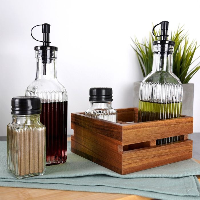 Butelki na oliwę i ocet, przyprawniki w stojaku 5 el.