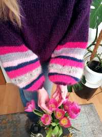 Fioletowo różowy sweter handmade ręcznie robiony na drutach moher S M