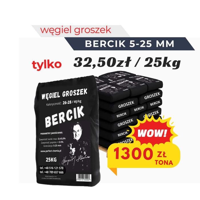 EKOGROSZEK BERCIK - Wysokokaloryczny Polski Węgiel Worki 25 KG 1 Tona