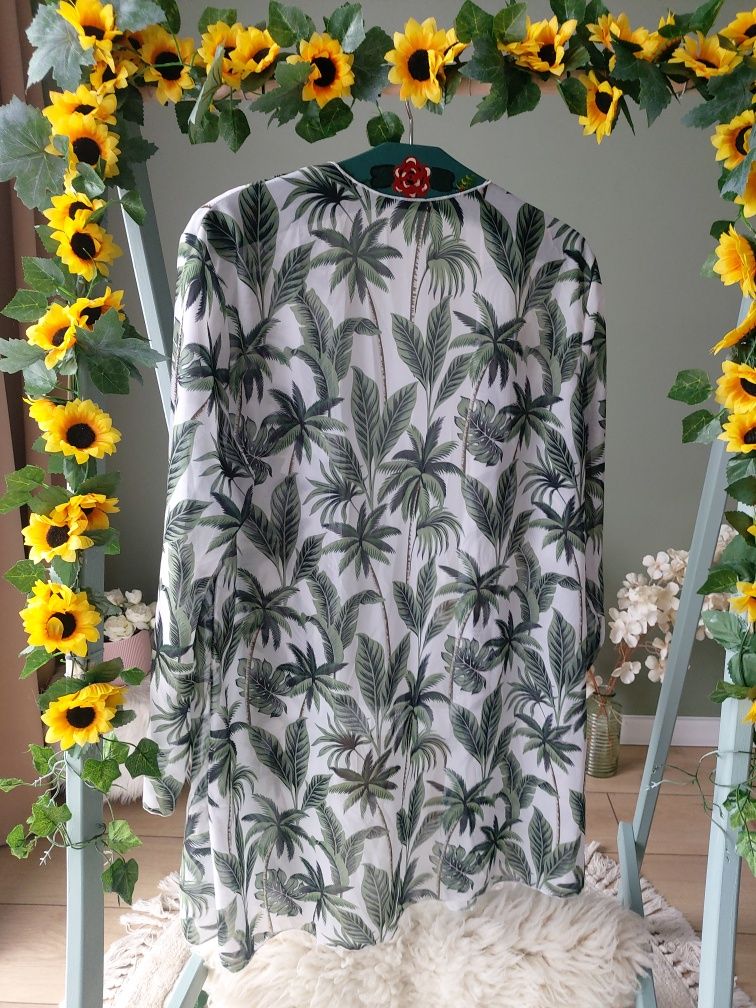 Narzutka damska plażowa letnia biala w zielone palmy tropical M/ L mgi