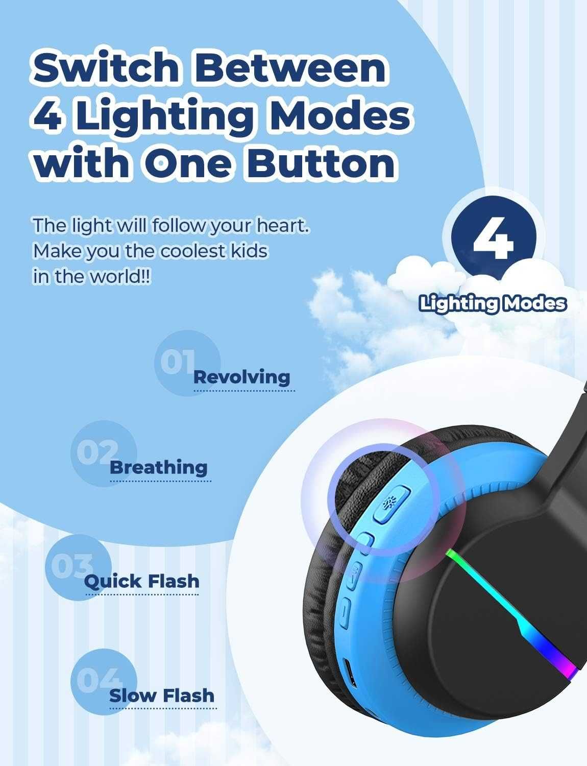iClever Słuchawki dziecięce Bluetooth, kolorowe diody LED