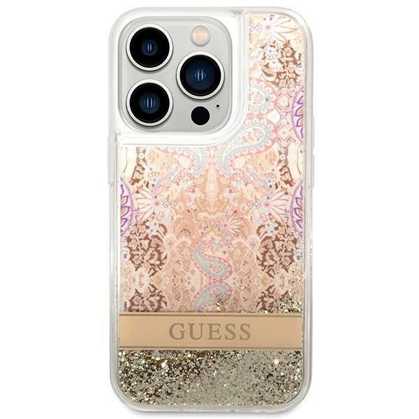 Pokrowiec na iPhone 14 Pro Max, Złoty Paisley Liquid Glitter