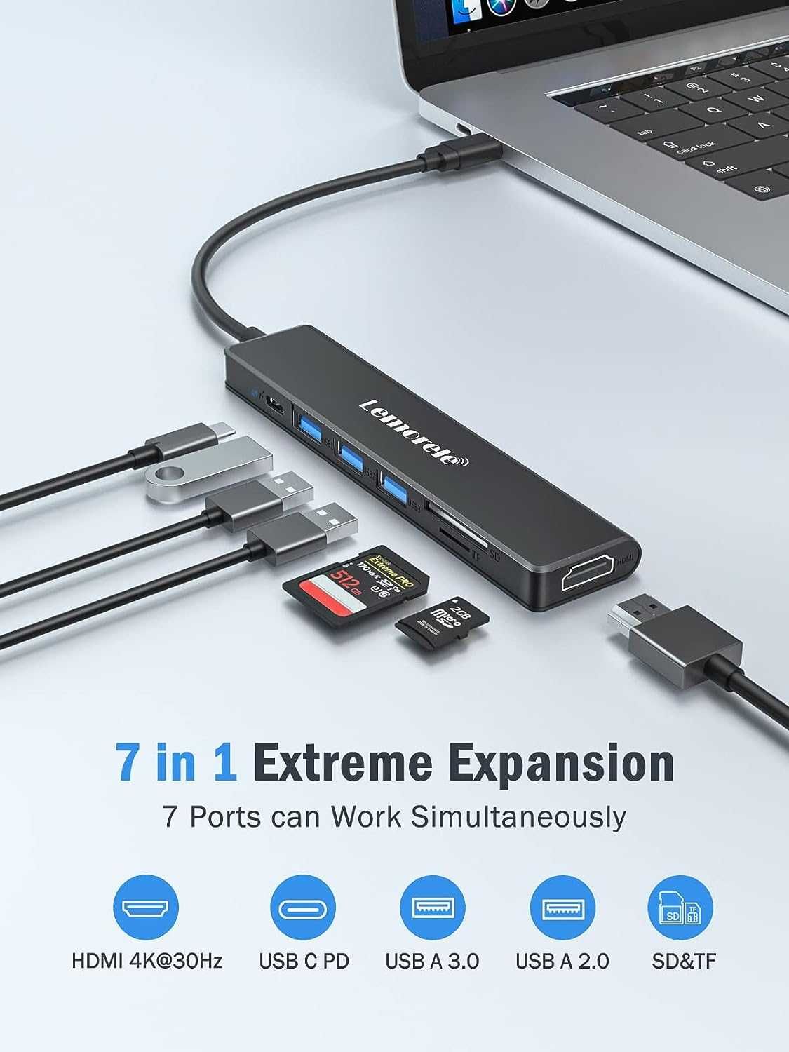 Lemorele TC70L 7in1 USB-C HUB Macbook 100W HDMI 4K 3x USB  SD Adapter