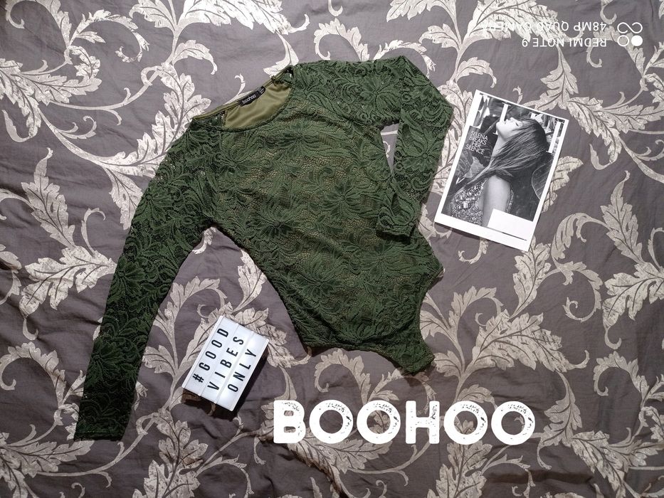 BooHoo, piękne koronkowe body w kolorze khaki, długi rękaw, S/36