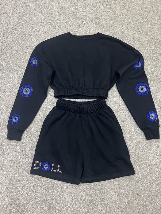 Теплый зимний прогулочный костюм трикотаж на флисе свитшот+шорты xs-s