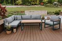 Aluminiowe, nowoczesne meble ogrodowe narożnik+ fotel+ ława