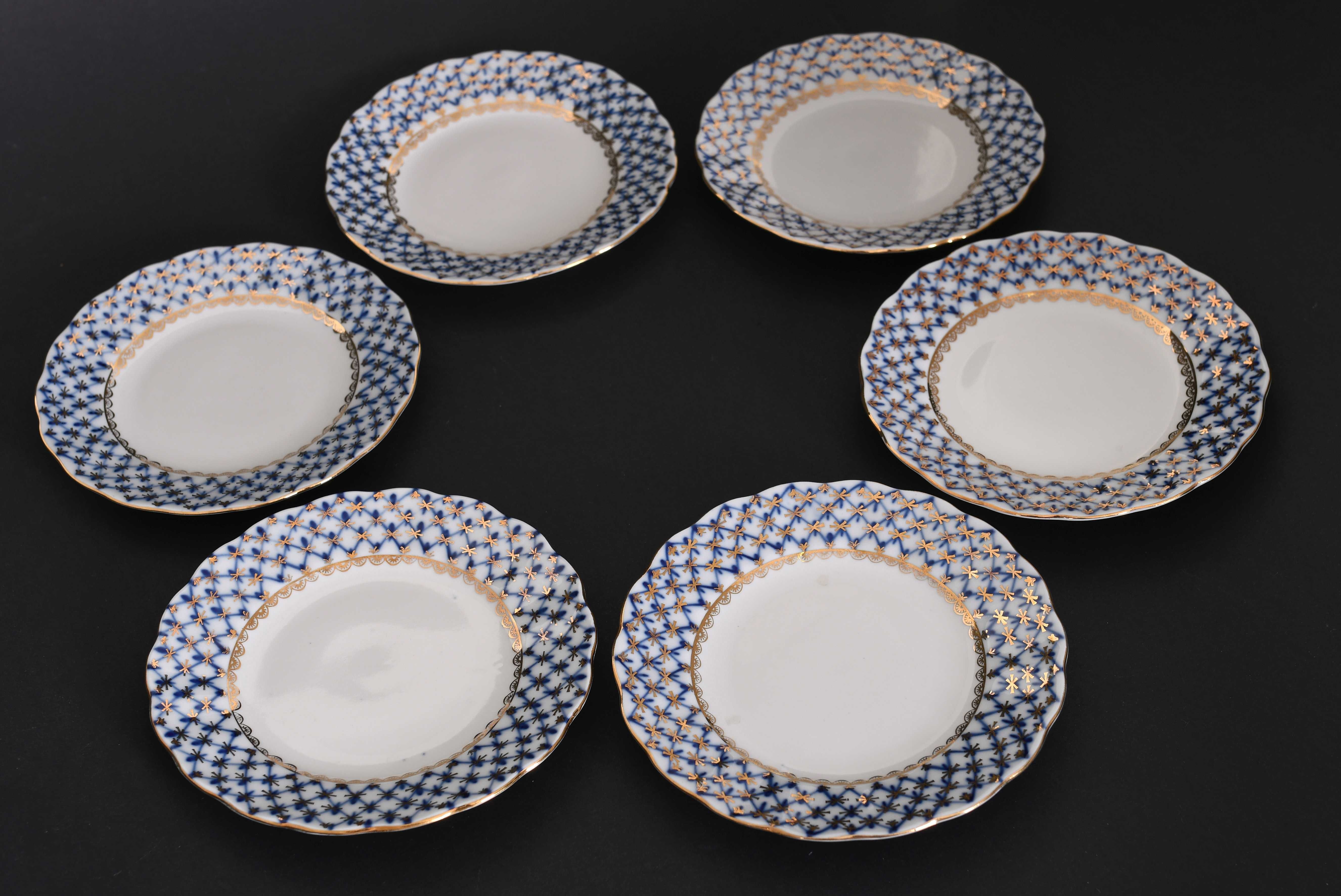 Łomonosow porcelanowy serwis kawowy kobaltowa siatka 6 x trio