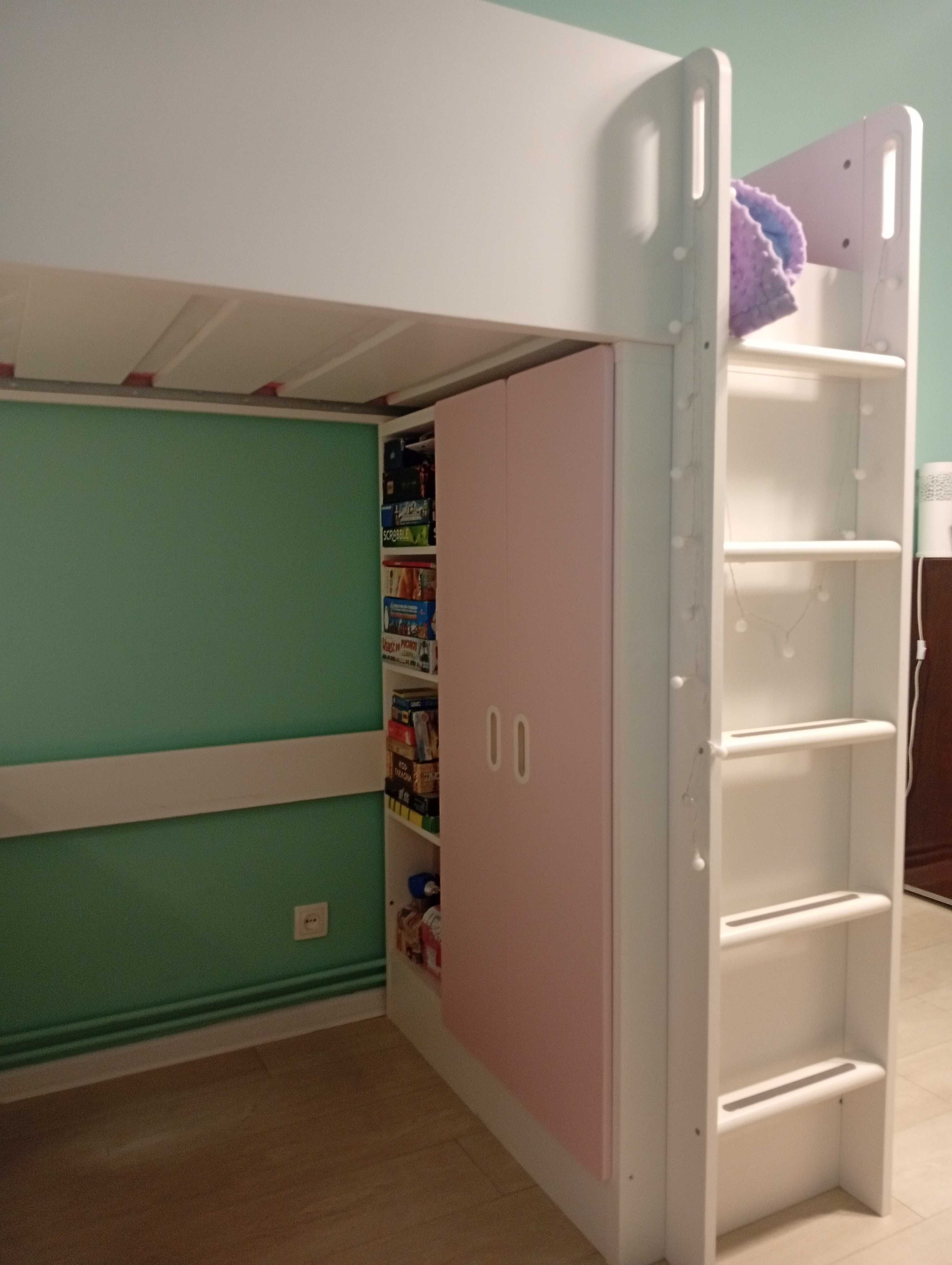 Komplet Ikea Stuva łóżko na antresoli z szafą i biurkiem biało-różowe