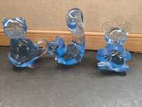 3 Figurines Vidro Azul - Gato, Esquilo, Rato