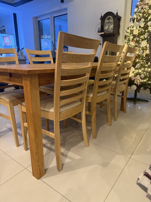 Stół bębowy z  6 dębowymi krzesłami