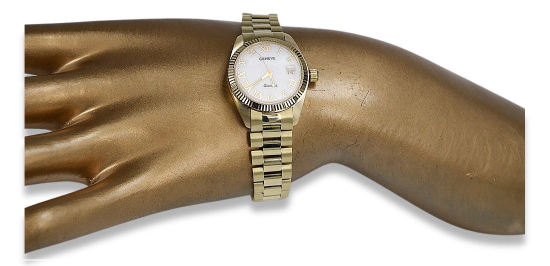 Złoty zegarek damski 14k Geneve z perłową tarczą lw020ydpr&lbw009y K