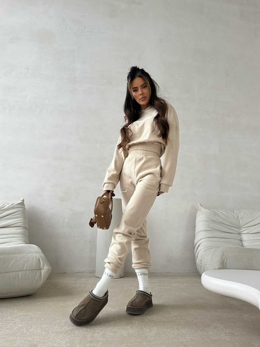 Komplet beż fine line La Manuel z kapturem, dres miś M/L