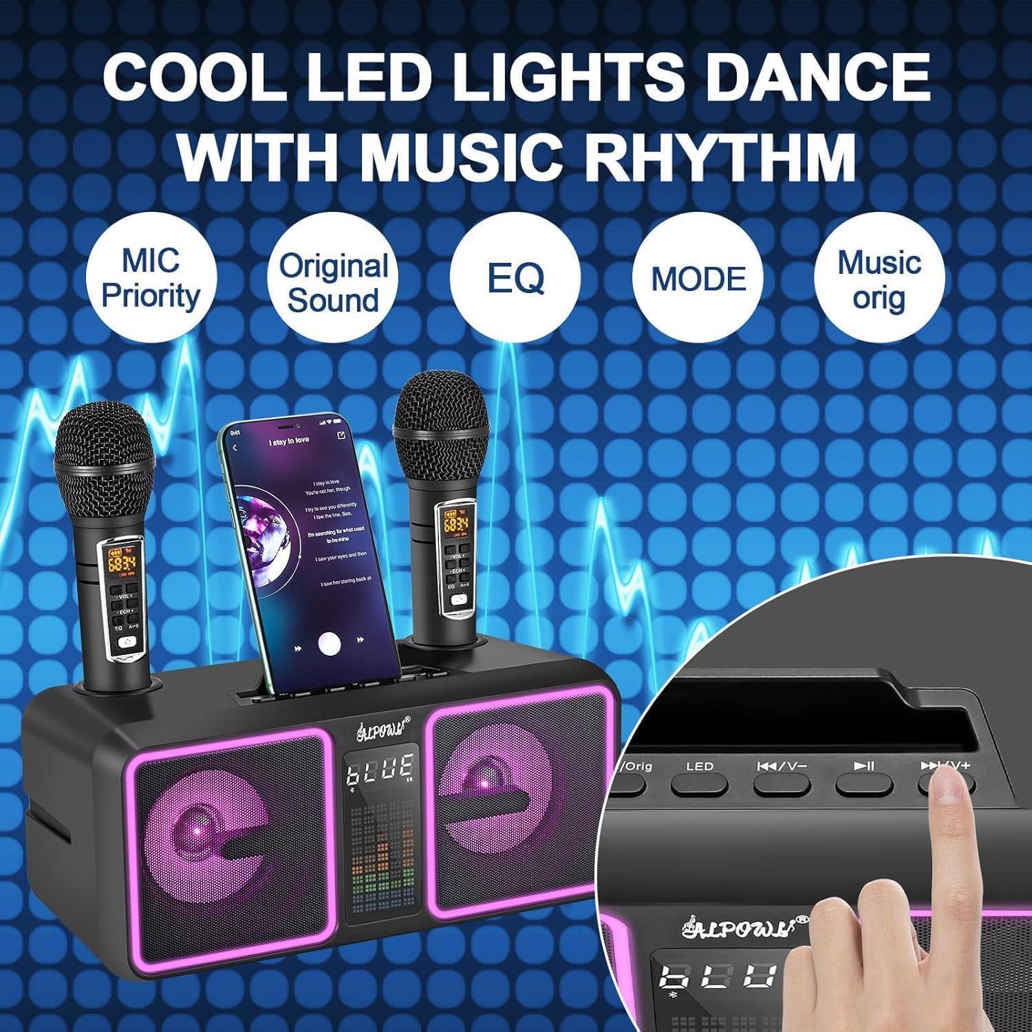 ALPOWL Karaoke z 2 mikrofonami – bezprzewodowy zestaw Bluetooth z LED